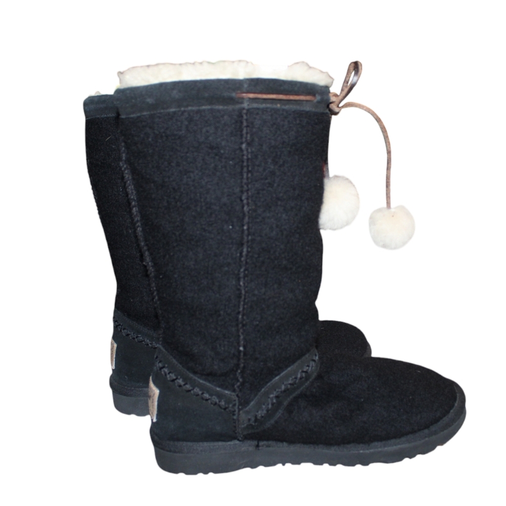 Uggs Cozy Black Spring/Fall tall Boots with Cream Pom Poms